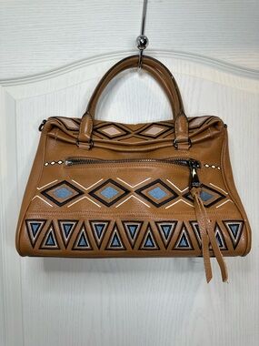 Tan Genuine Leather Embroidered Geometric Satchel Bag